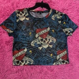 Ed Hardy Mesh Short Sleeve Skull Tee Women Size Large